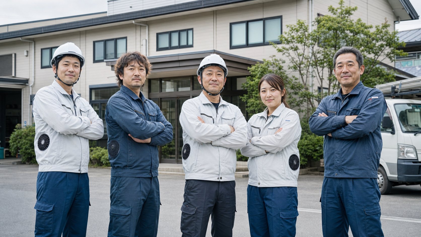 事務所前で腕を組む、作業着と空調服を着た建設会社の職人5人