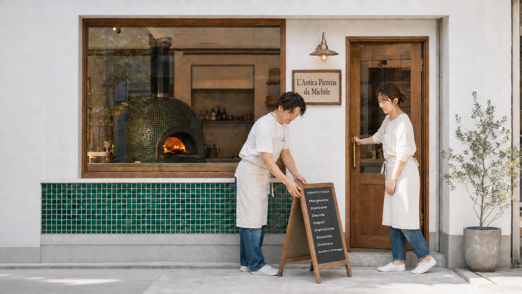 ピッツェリアの店頭で開店準備をする経営者の夫婦